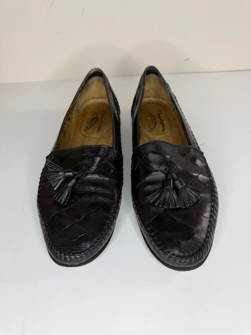 Santoni Black Woven Leather Tassel Loafers Men’s 9D  Made in Italy Handcrafted